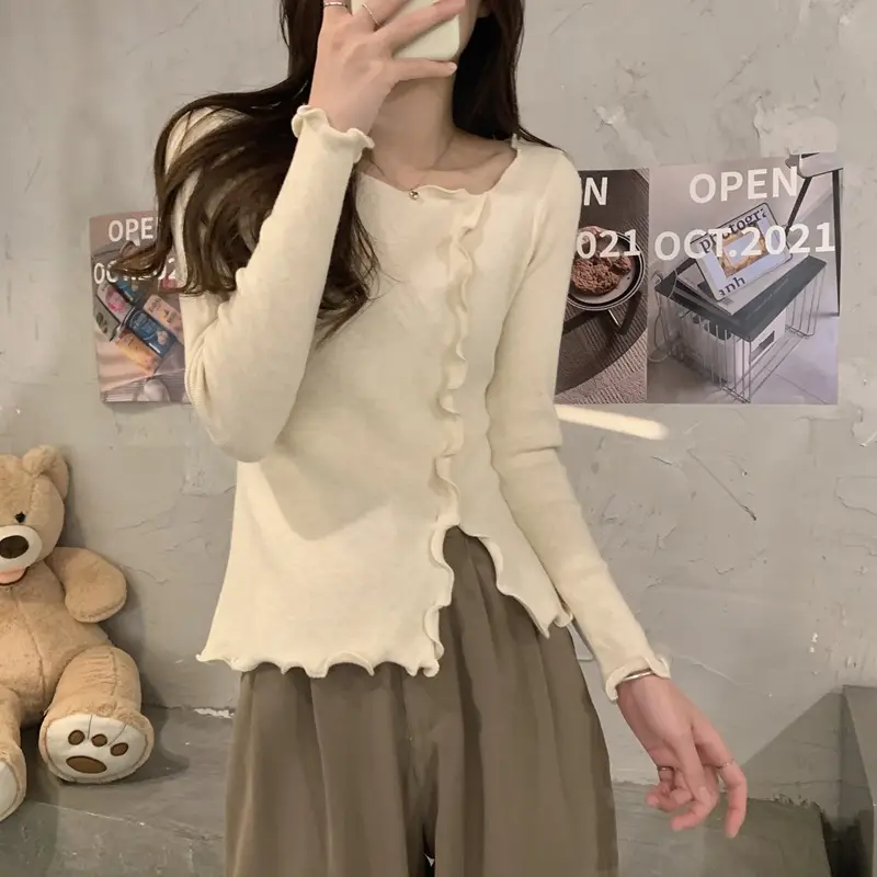 Women White Ruffled Knit Top Slim Fit 2025 — feature 16