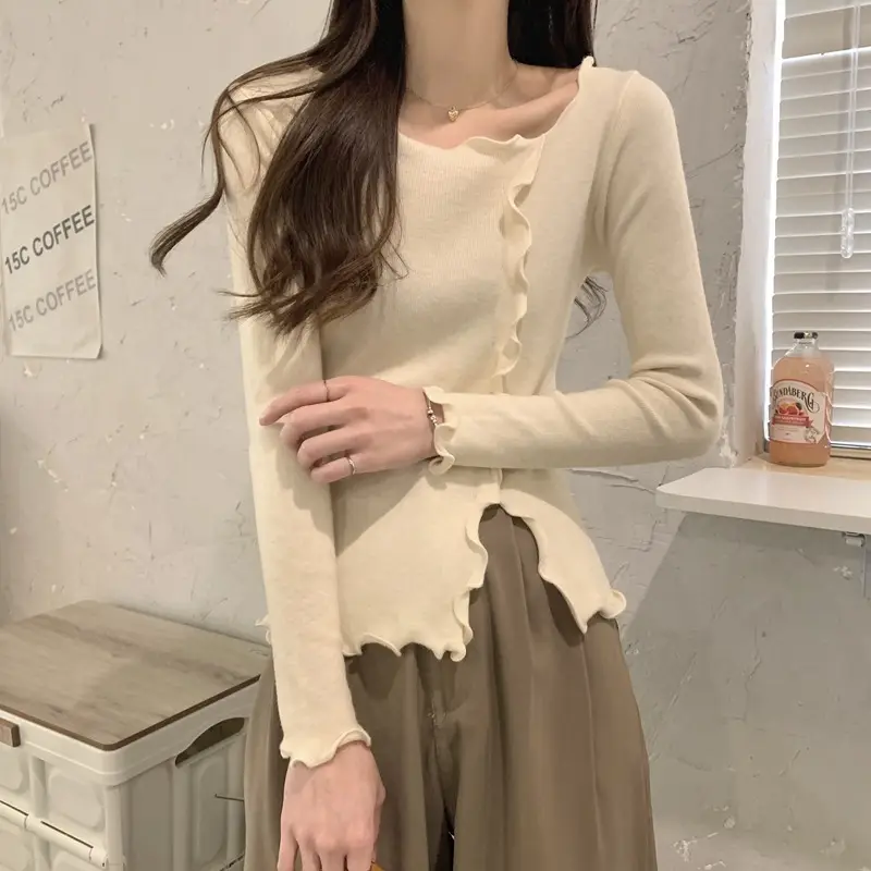 Women White Ruffled Knit Top Slim Fit 2025 — feature 17