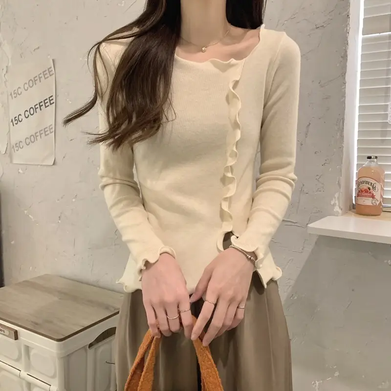 Women White Ruffled Knit Top Slim Fit 2025 — feature 18