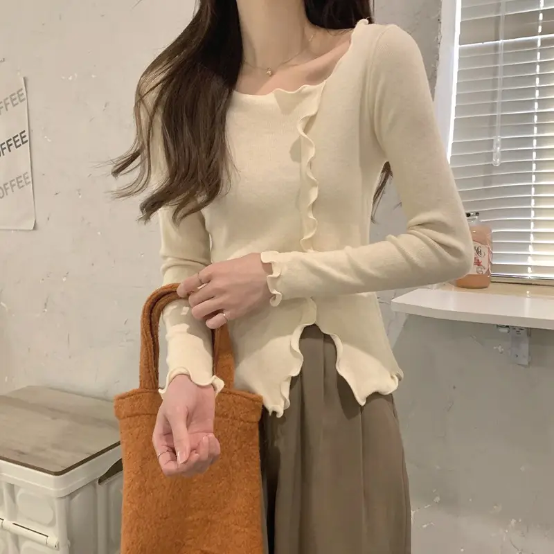 Women White Ruffled Knit Top Slim Fit 2025 — feature 19