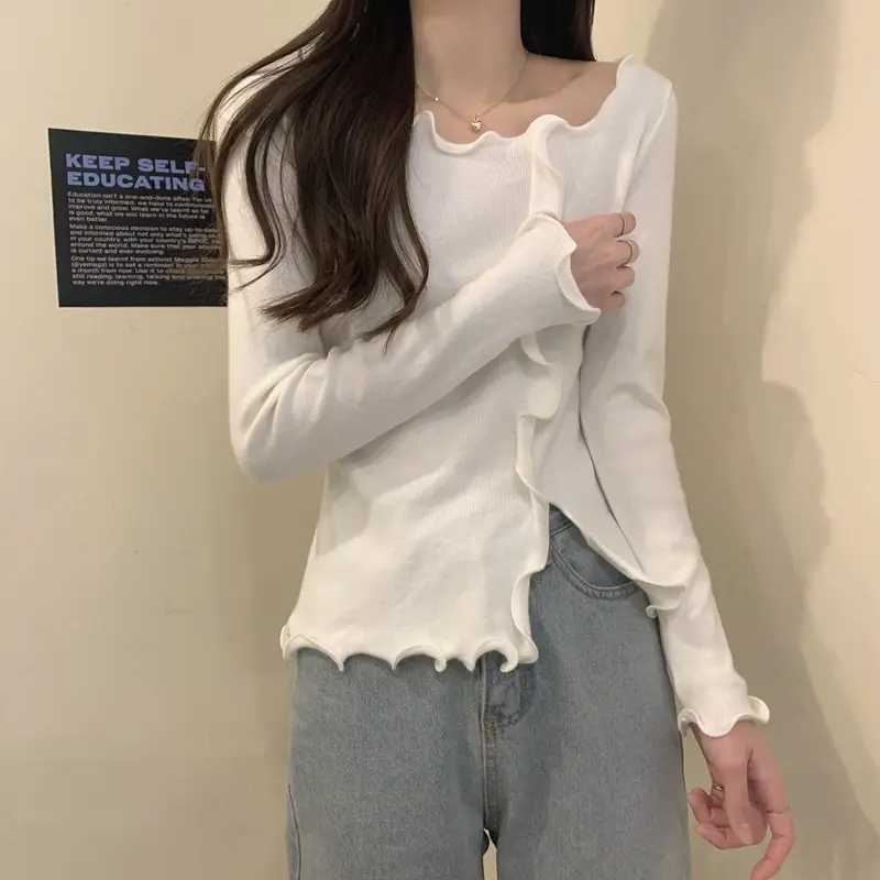 Women White Ruffled Knit Top Slim Fit 2025 — feature 21