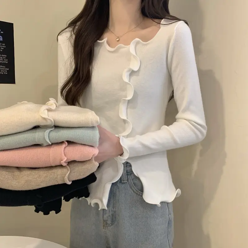 Women White Ruffled Knit Top Slim Fit 2025 — feature 23