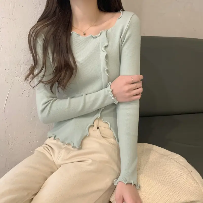 Women White Ruffled Knit Top Slim Fit 2025 — feature 3