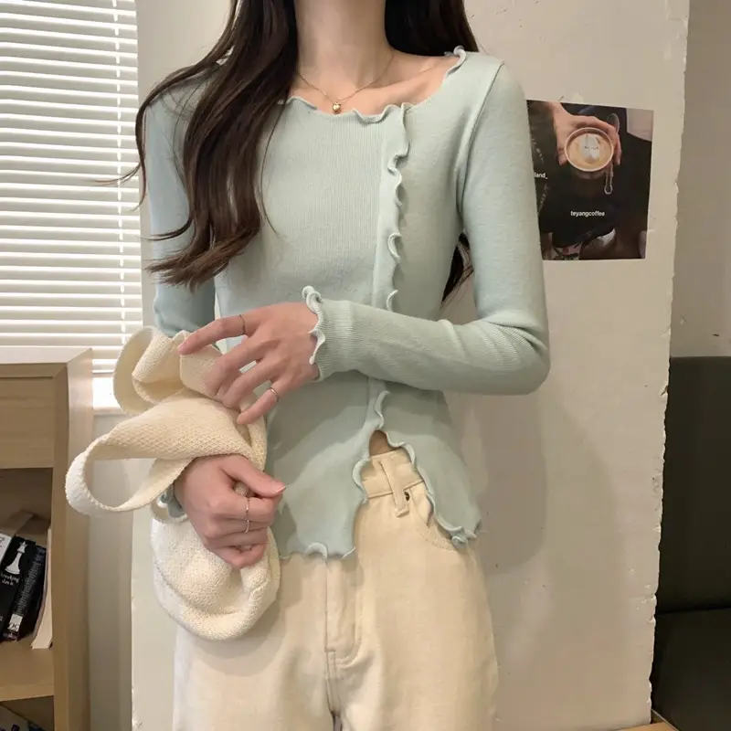 Women White Ruffled Knit Top Slim Fit 2025 — feature 6