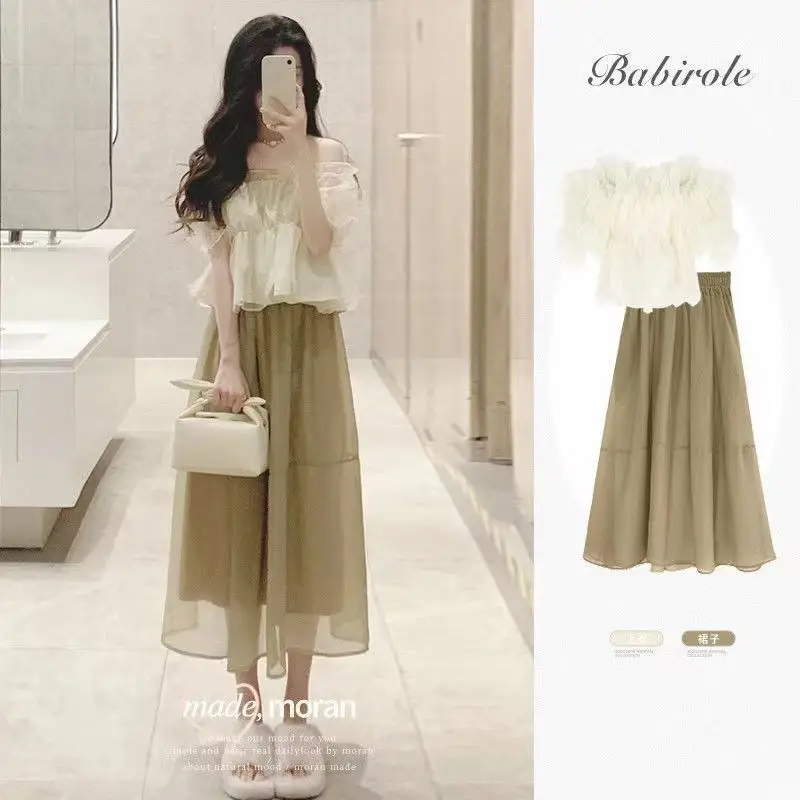 Women Off-Shoulder Mesh Top & Skirt Set Light Blue 2024 - Image 46