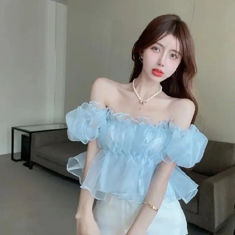 Women Off-Shoulder Mesh Top & Skirt Set Light Blue 2024 - Image 18