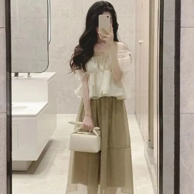 Women Off-Shoulder Mesh Top & Skirt Set Light Blue 2024 - Image 21