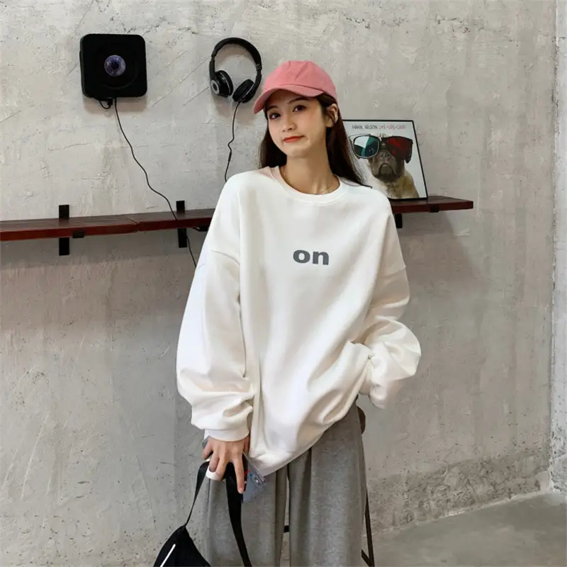 Women Velvet Sweatshirt White On Print Long Sleeve Winter - Image 4