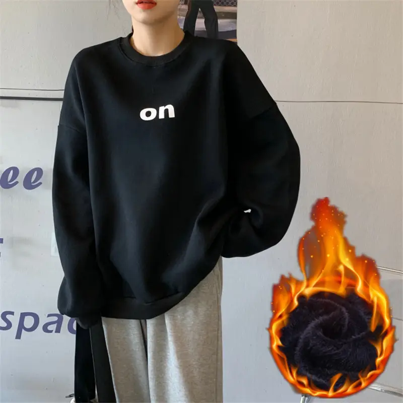 Women Velvet Sweatshirt White On Print Long Sleeve Winter - Image 2