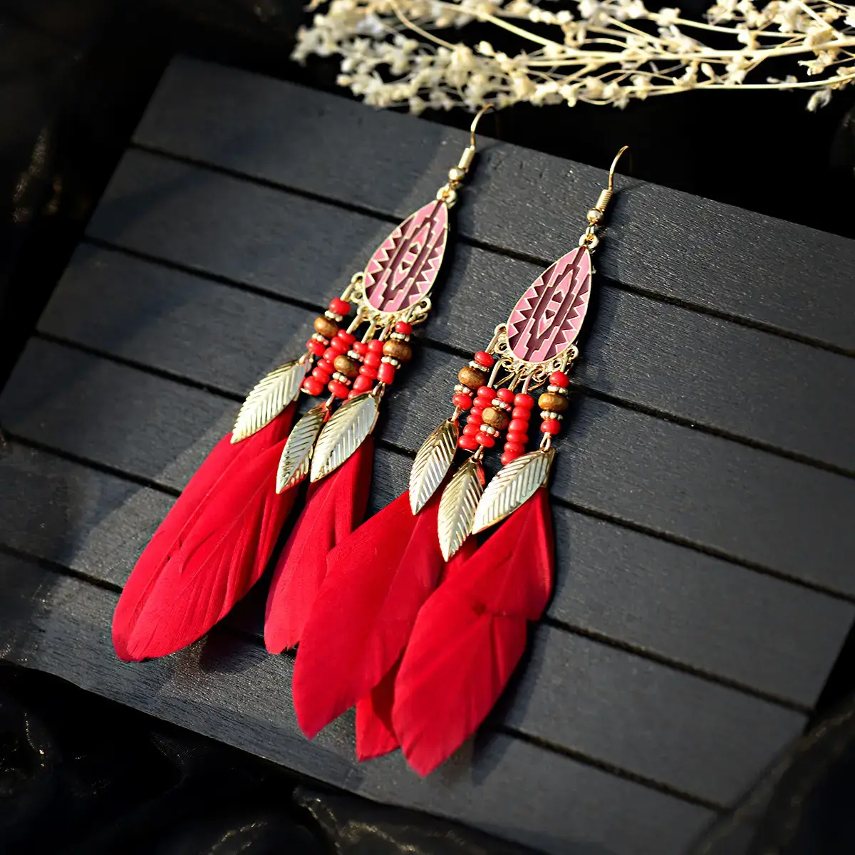 Fairy Feather Earrings Bohemian Ethnic Gold Beaded - Image 4