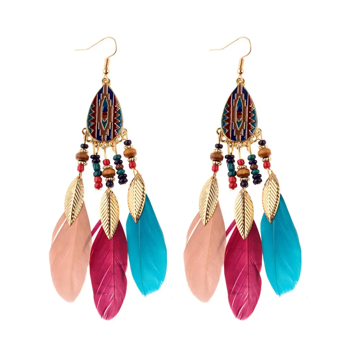 Fairy Feather Earrings Bohemian Ethnic Gold Beaded - Image 6