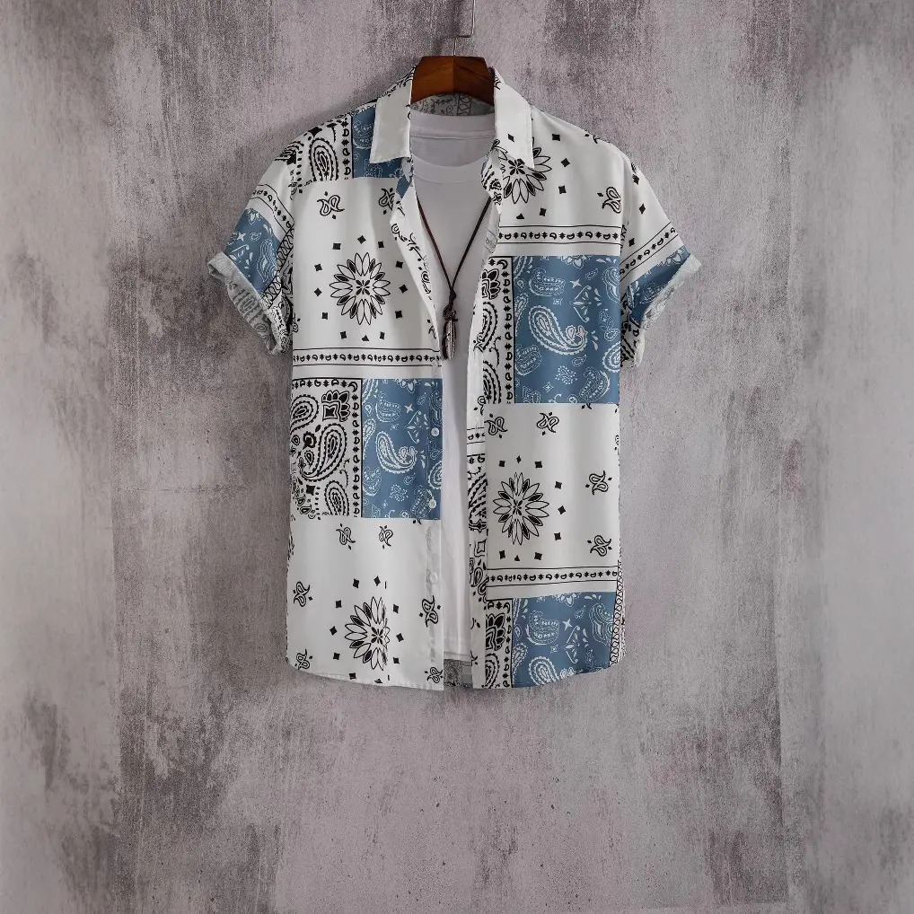 Men's Blue & White Digital Printed Short Sleeve Shirt - Image 3