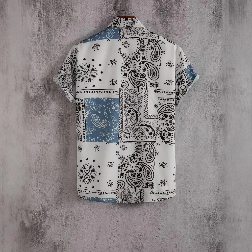 Men's Blue & White Digital Printed Short Sleeve Shirt - Image 4