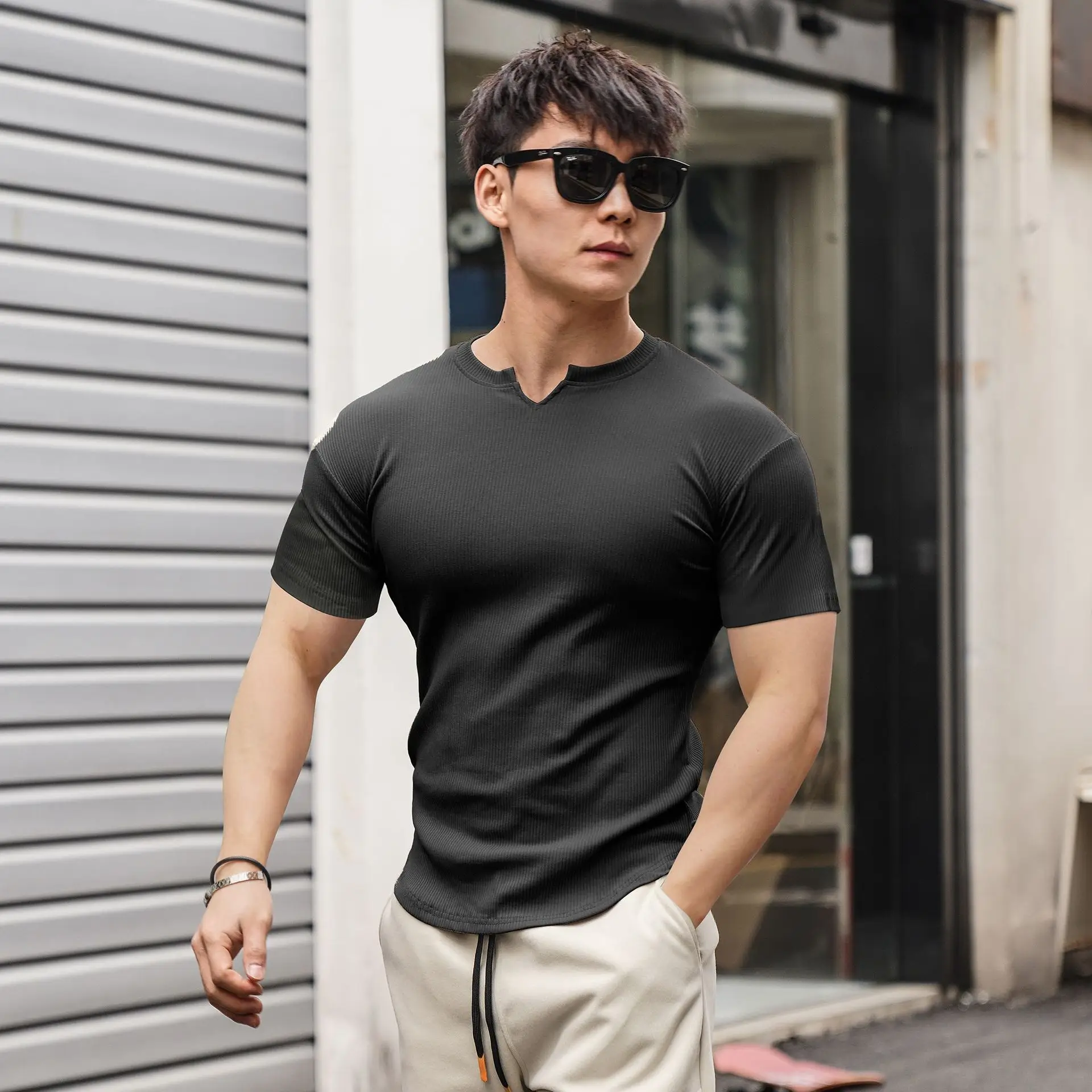 Men's Pink V-Neck Short Sleeve T-Shirt - Image 7