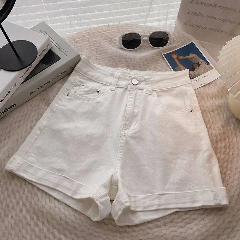 Women Denim Shorts White High Waist Slimming 2022 - Image 4