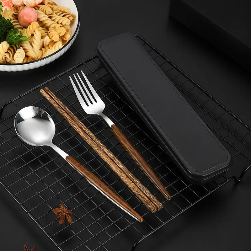 Stainless Steel Student Tableware Set Wooden Handle 3-Piece - Image 18
