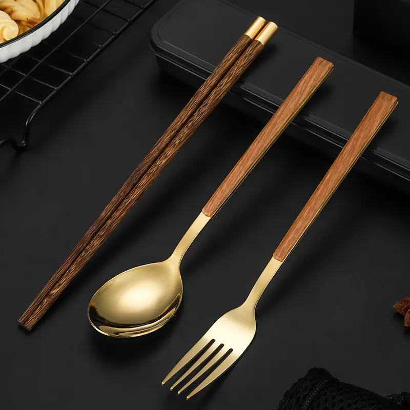 Stainless Steel Student Tableware Set Wooden Handle 3-Piece - Image 19