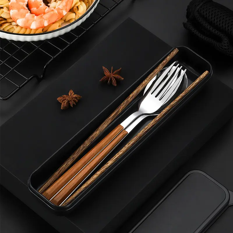 Stainless Steel Student Tableware Set Wooden Handle 3-Piece - Image 20