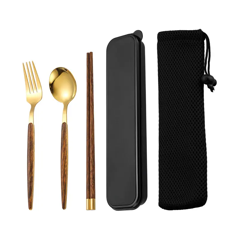Stainless Steel Student Tableware Set Wooden Handle 3-Piece - Image 21