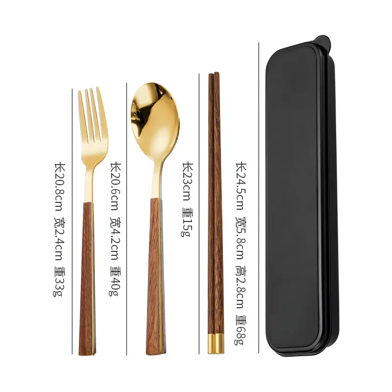 Stainless Steel Student Tableware Set Wooden Handle 3-Piece - Image 11