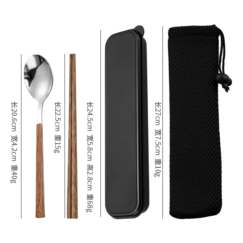 Stainless Steel Student Tableware Set Wooden Handle 3-Piece - Image 2