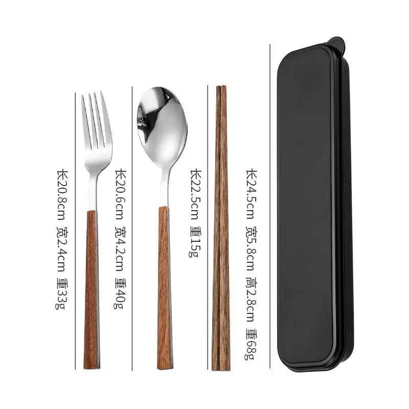 Stainless Steel Student Tableware Set Wooden Handle 3-Piece - Image 3