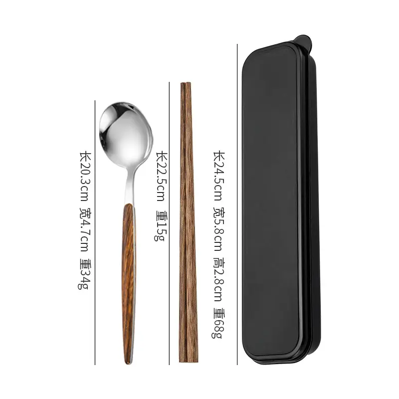 Stainless Steel Student Tableware Set Wooden Handle 3-Piece - Image 5