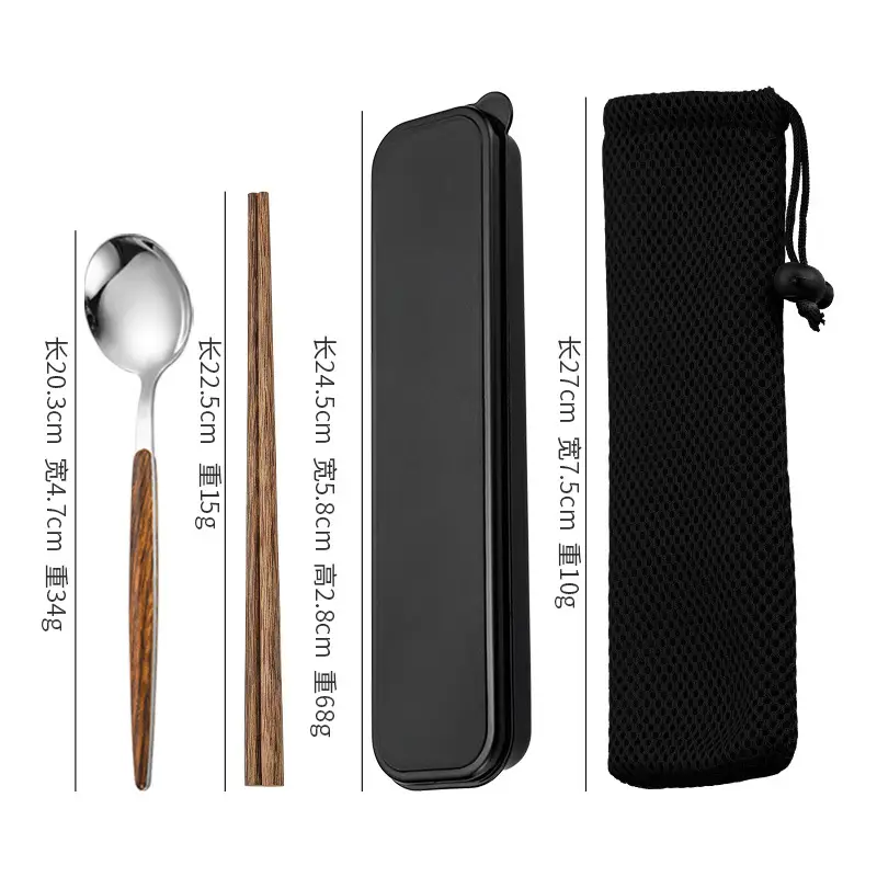 Stainless Steel Student Tableware Set Wooden Handle 3-Piece - Image 6