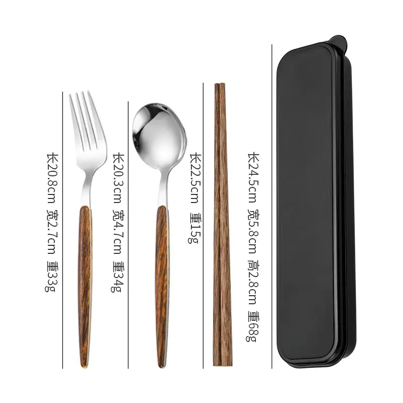 Stainless Steel Student Tableware Set Wooden Handle 3-Piece - Image 7