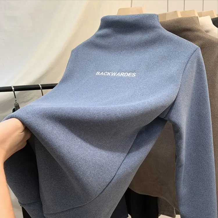 Women Fleece Lined Half Collar Shirt Blue Large — feature 13
