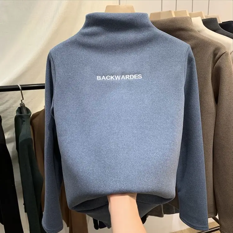 Women Fleece Lined Half Collar Shirt Blue Large — feature 14