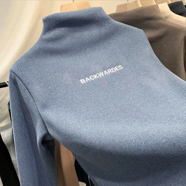 Women Fleece Lined Half Collar Shirt Blue Large — feature 15