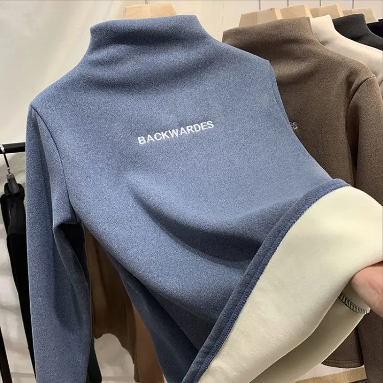 Women Fleece Lined Half Collar Shirt Blue Large — feature 18