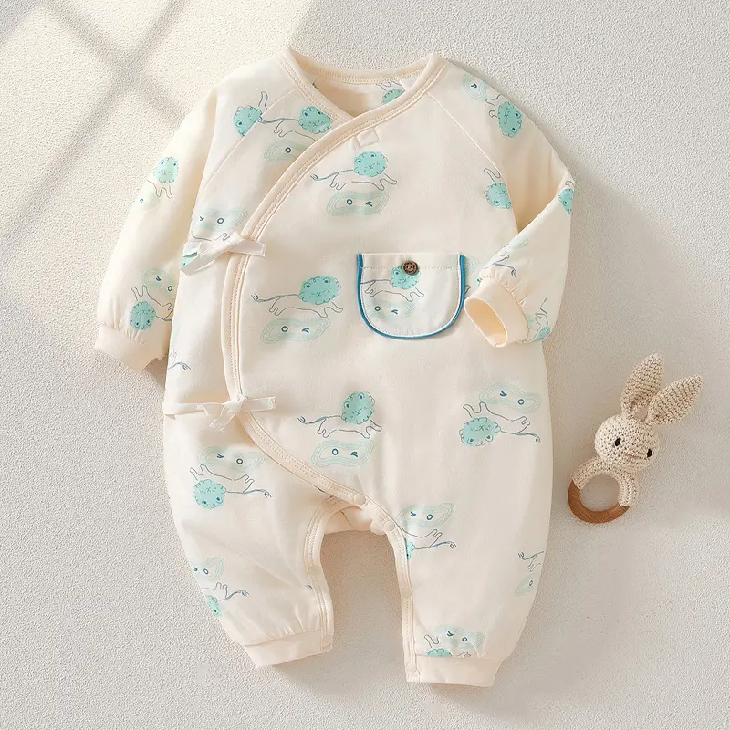 Newborn Warm One-Piece Outfit Blue White Cotton - Image 3