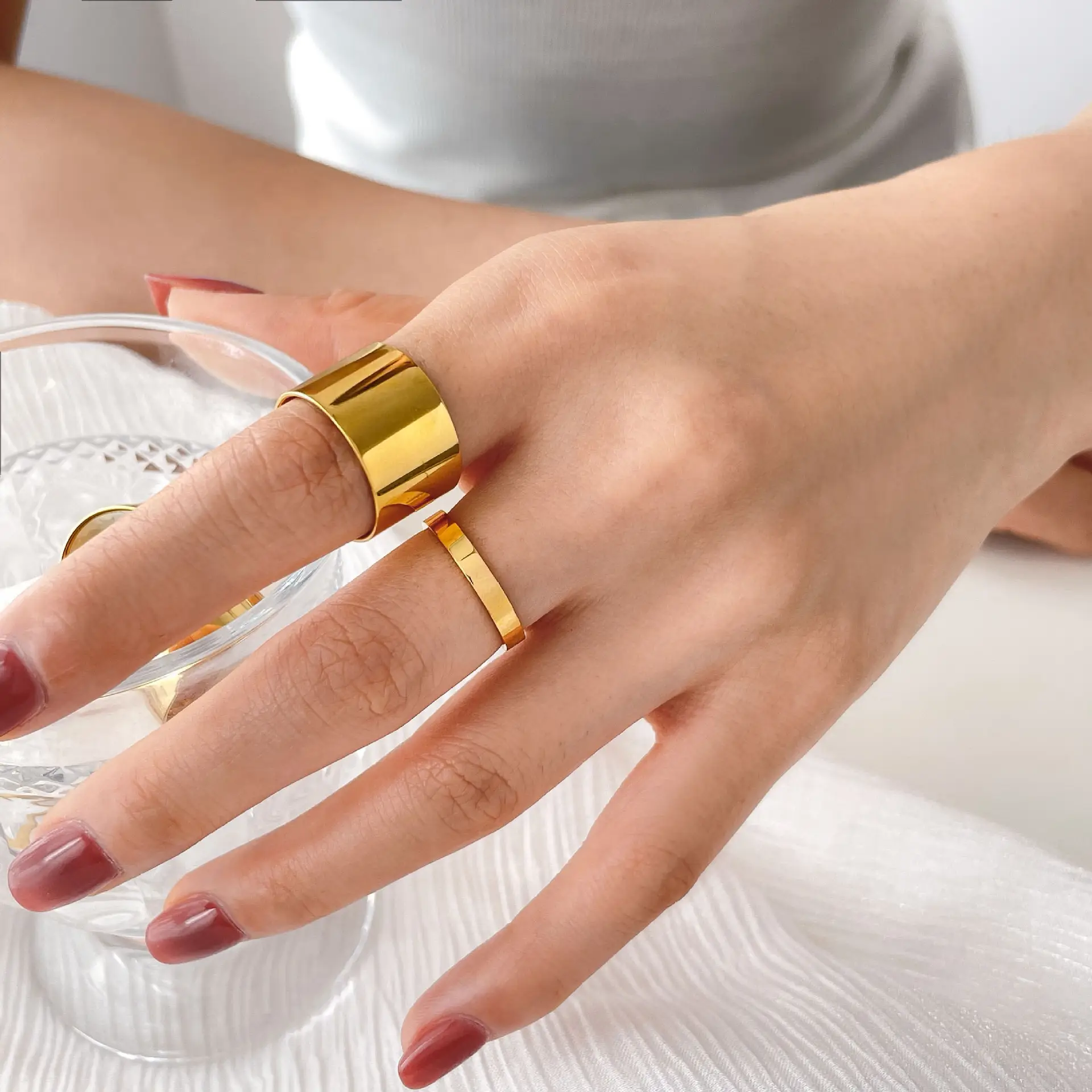 Gold Flat Wide Ring for Women Index Finger Middle Finger Stackable - Image 5