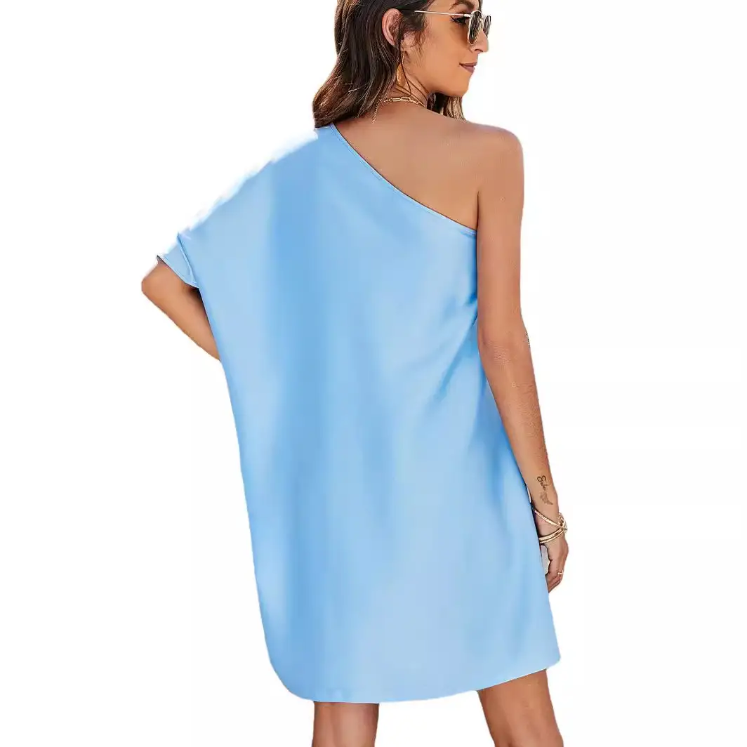 Light Blue One-Shoulder Loose Mid-Length Dress
