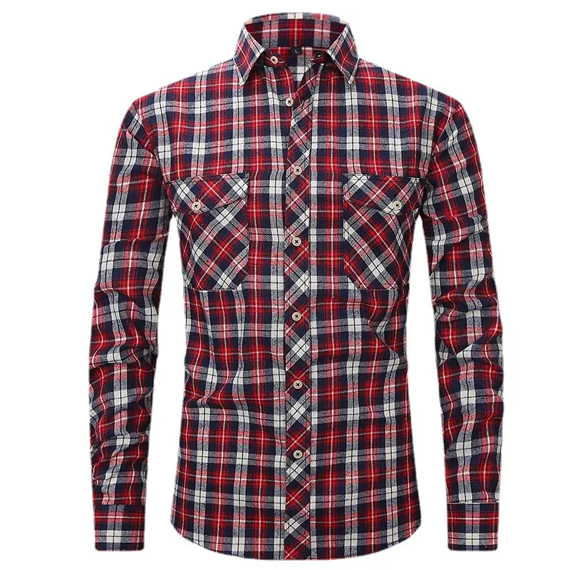 Men Plaid Slim Fit Shirt Red Blue White - Image 21