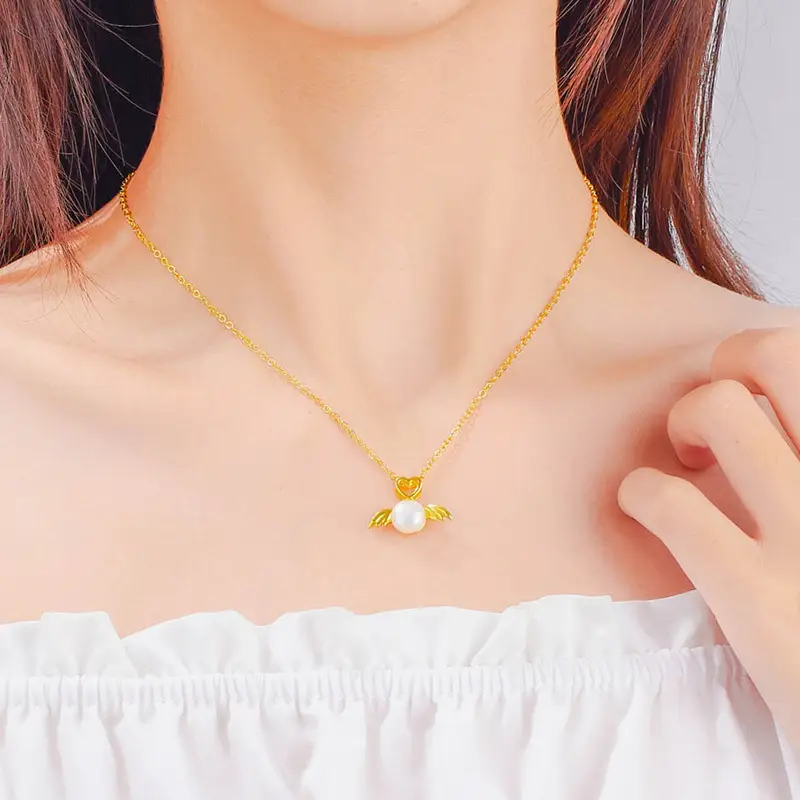 Gold Heart Angel Pearl Pendant Necklace - Image 3