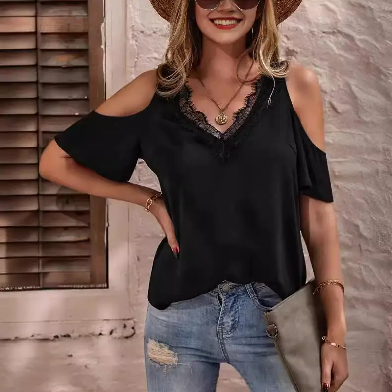 2024 Green Lace V-Neck Shoulder Short Sleeve Top