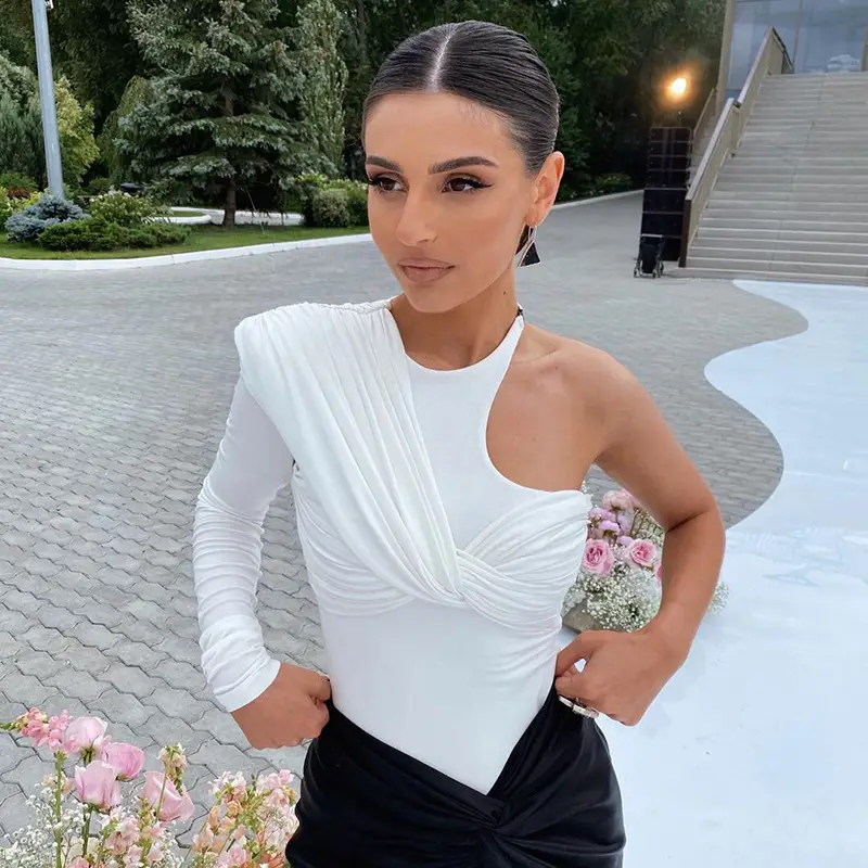 Black One-Shoulder Long Sleeve Elastic High Waist Jumpsuit Top - Image 3
