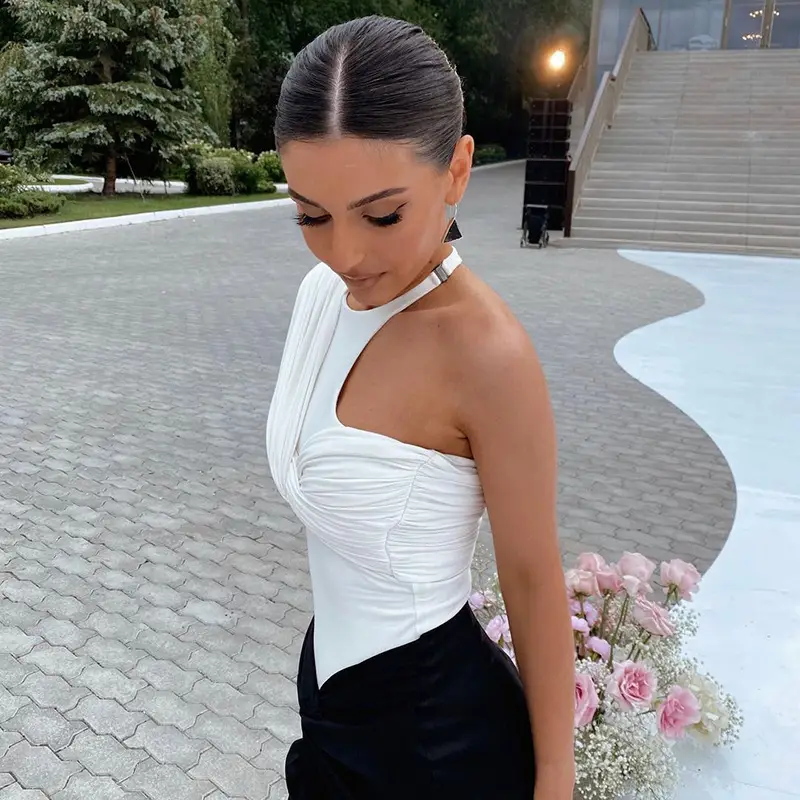 Black One-Shoulder Long Sleeve Elastic High Waist Jumpsuit Top — feature 4