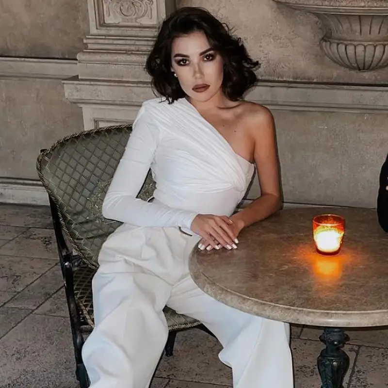 Black One-Shoulder Long Sleeve Elastic High Waist Jumpsuit Top — feature 7