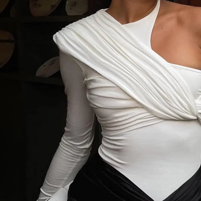 Black One-Shoulder Long Sleeve Elastic High Waist Jumpsuit Top — feature 9