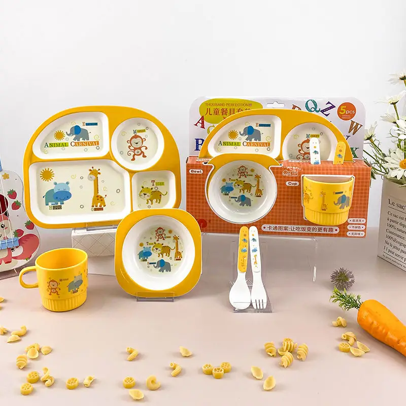 Children's Cartoon Bowl Set 5-Piece Melamine Bamboo Fiber