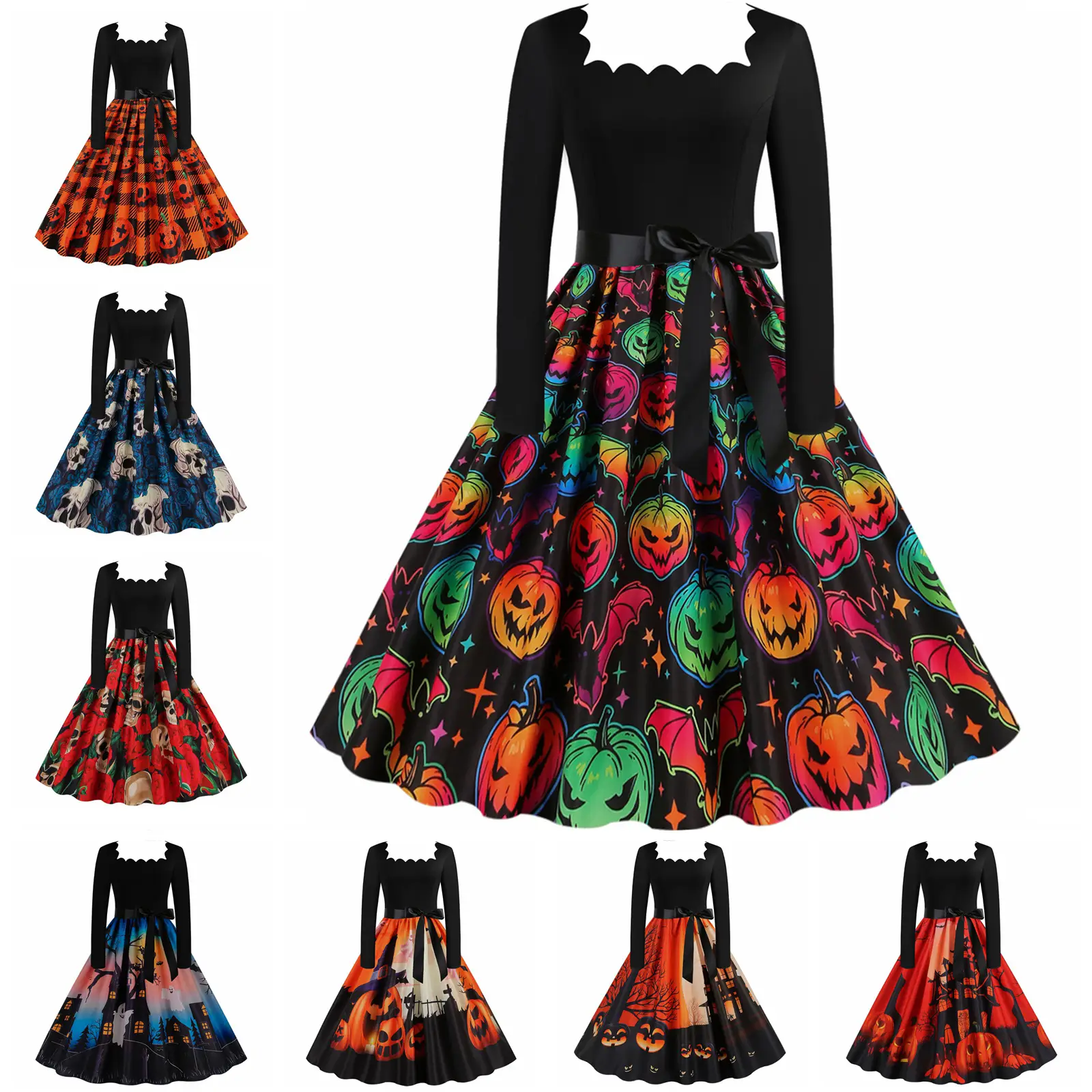 Halloween Long Sleeve Black Spell Printed Skirt Dress - Image 10