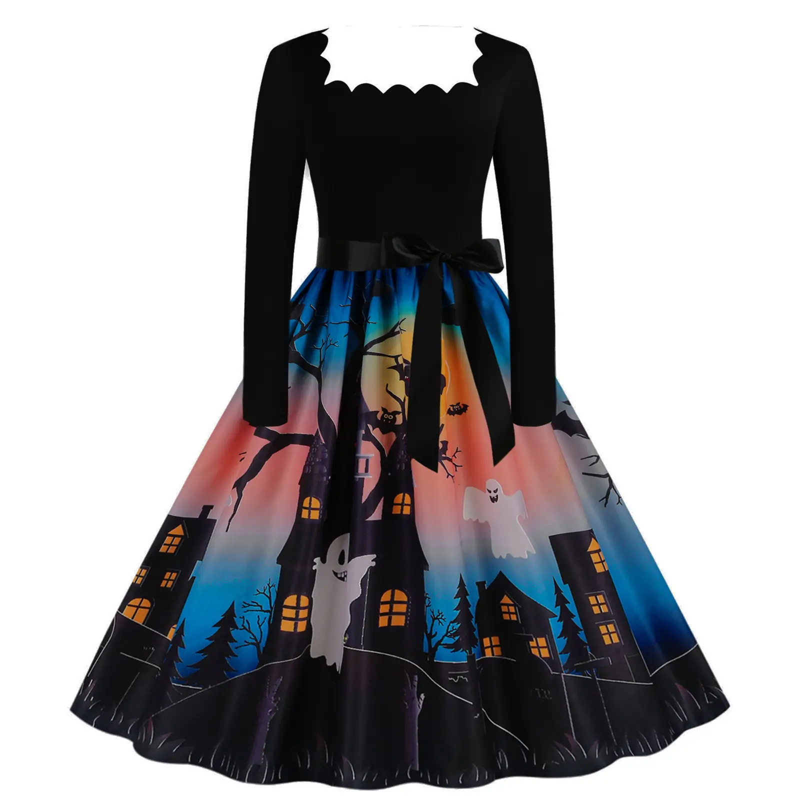 Halloween Long Sleeve Black Spell Printed Skirt Dress - Image 9