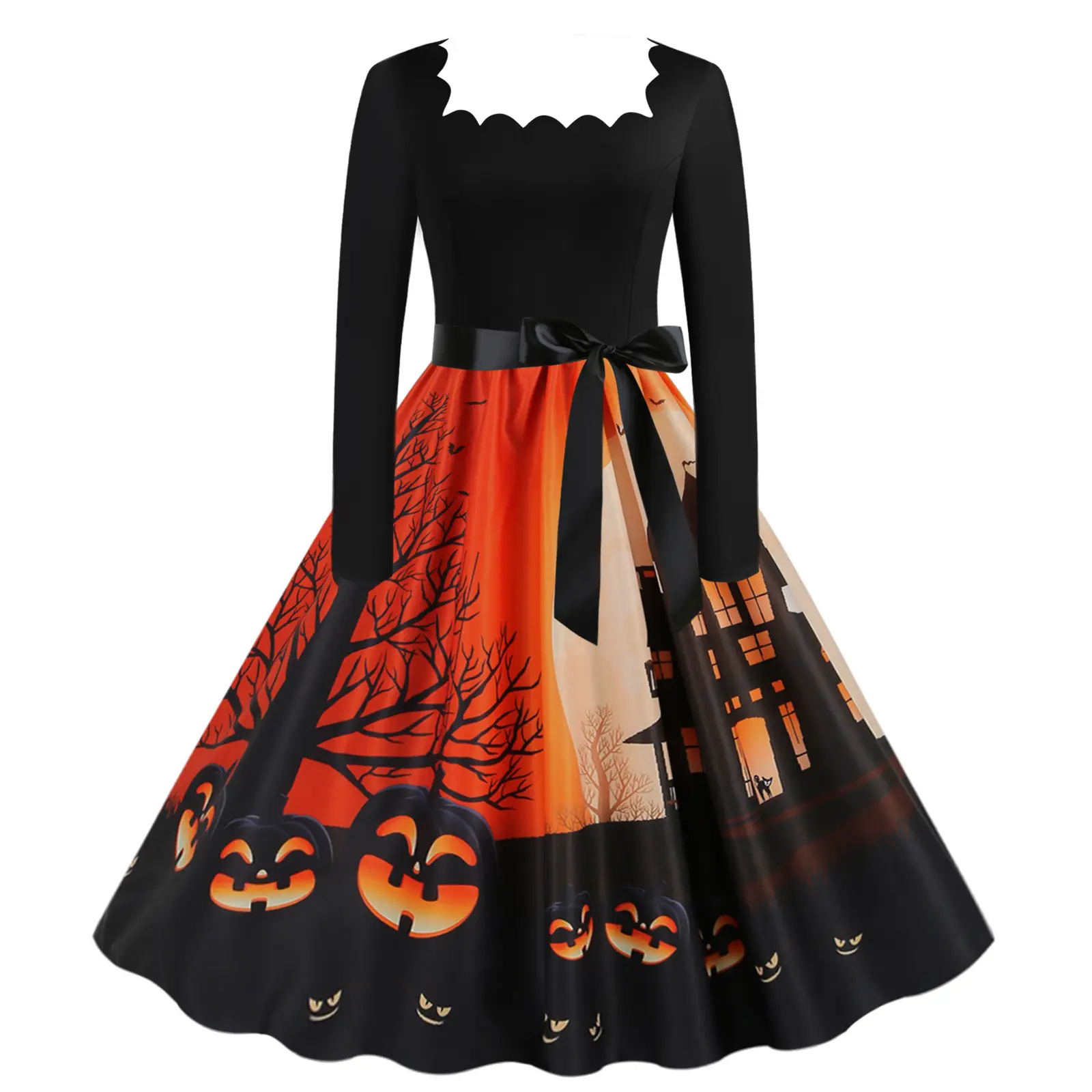 Halloween Long Sleeve Black Spell Printed Skirt Dress - Image 2