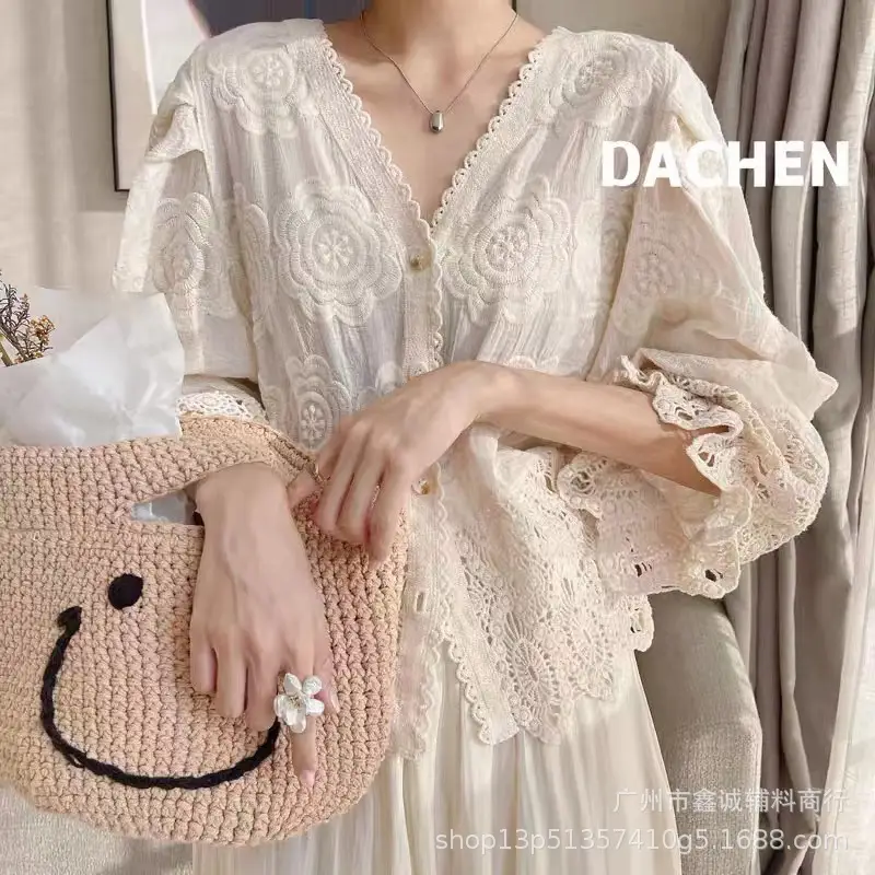 Korean Style Crochet V-Neck Shirt with Embroidered Design - Image 32
