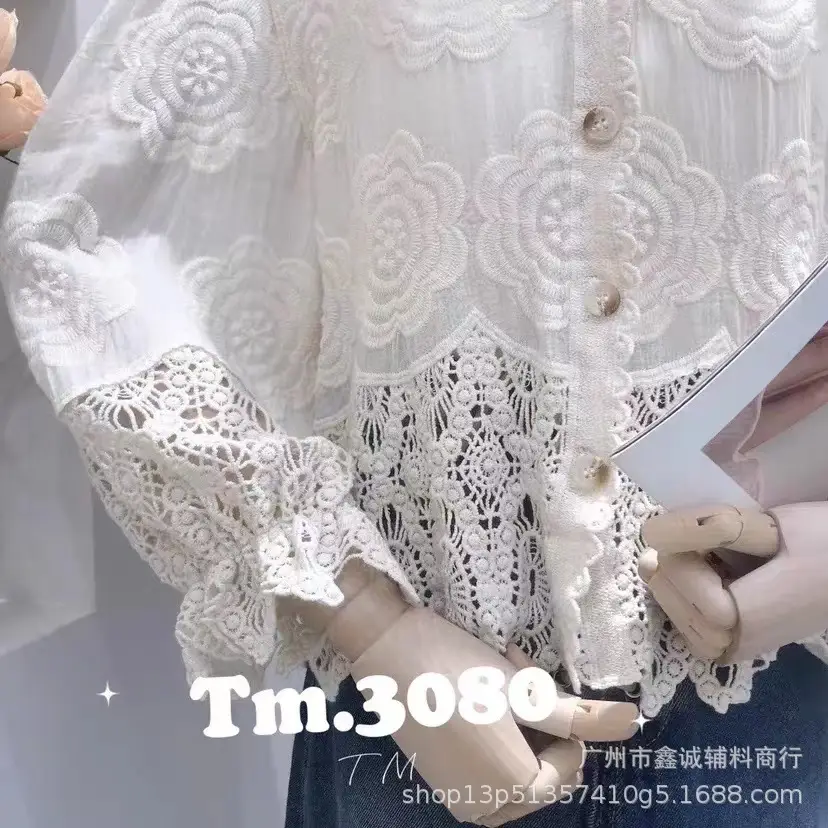 Korean Style Crochet V-Neck Shirt with Embroidered Design - Image 34