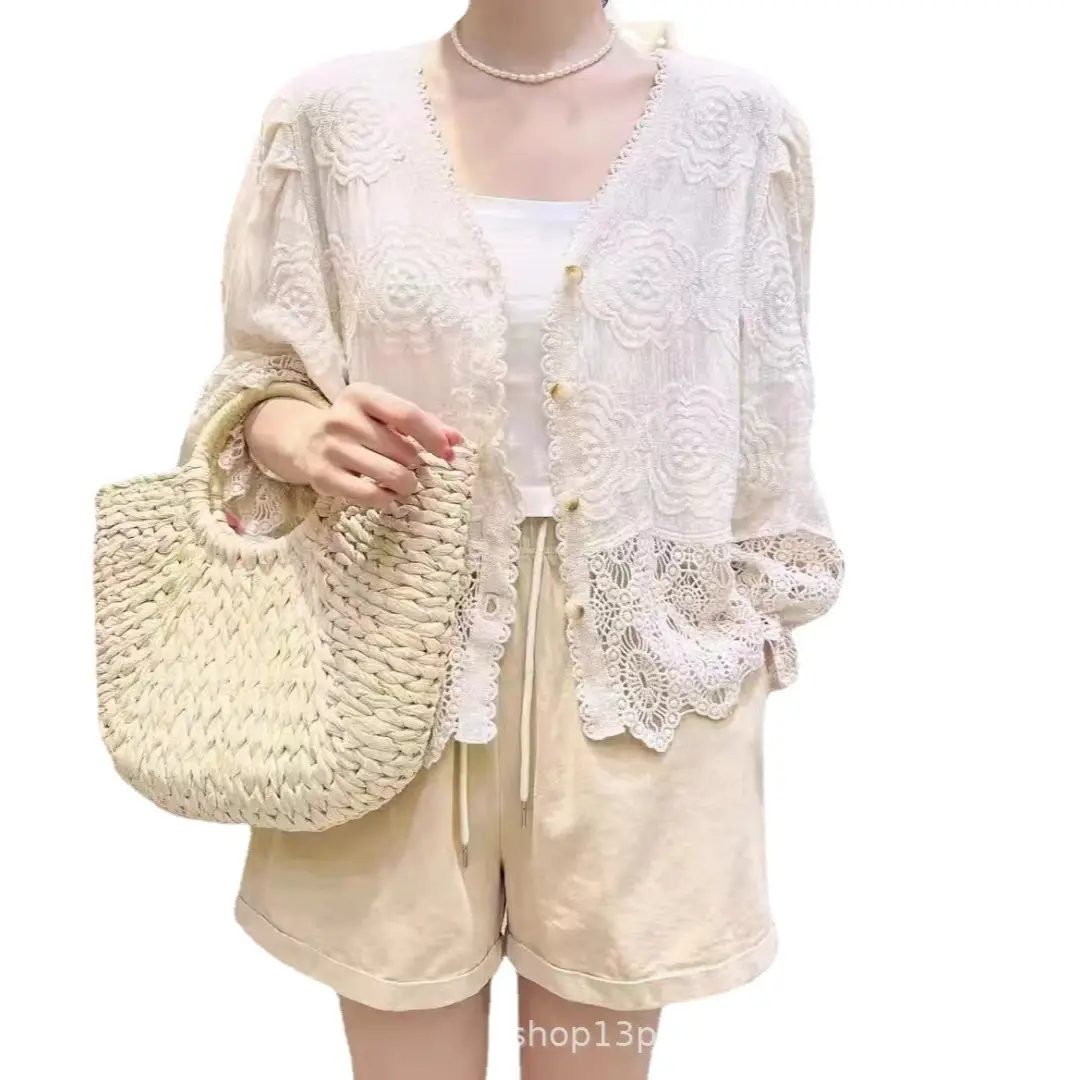 Korean Style Crochet V-Neck Shirt with Embroidered Design - Image 35
